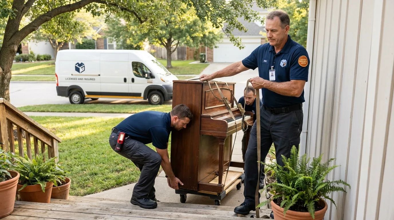 Licensed piano movers securing grand piano in Tarboro, NC