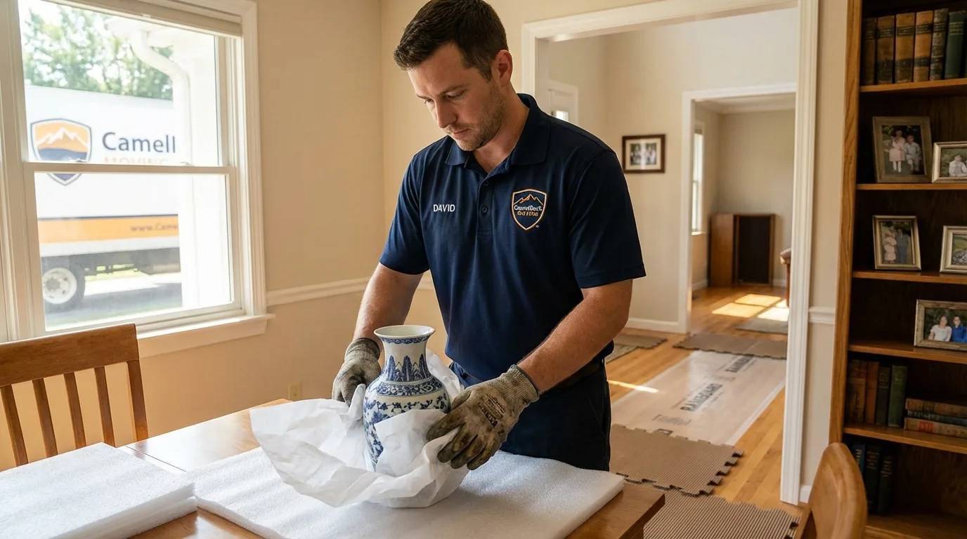 Professional crew carefully wrapping antique vase for senior downsizing move in Tarboro, NC